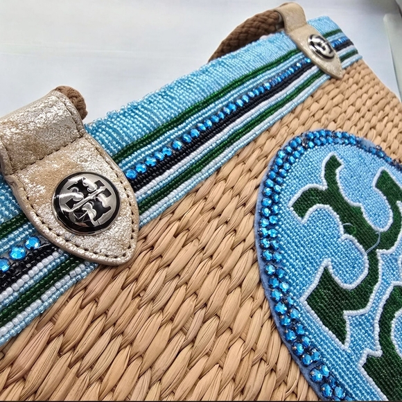 🆕 Tory Burch Special Edition Ella Straw Tote Beaded Logo Lining & Drawstring - Picture 5 of 17